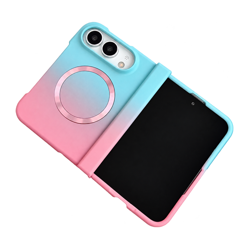 ライトブルー×ピンクのグラデーション マグネット対応 折りたたみ iPhoneケース、実物の柄と付属品の参考画像