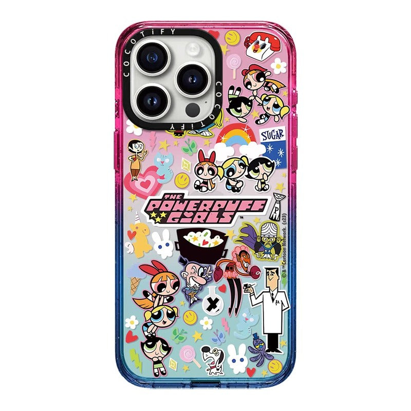 ステッカー柄 ソフトパステル iPhone ケース カートゥーン ガール キャラクター ピンク ブルー グラデーション アクリル