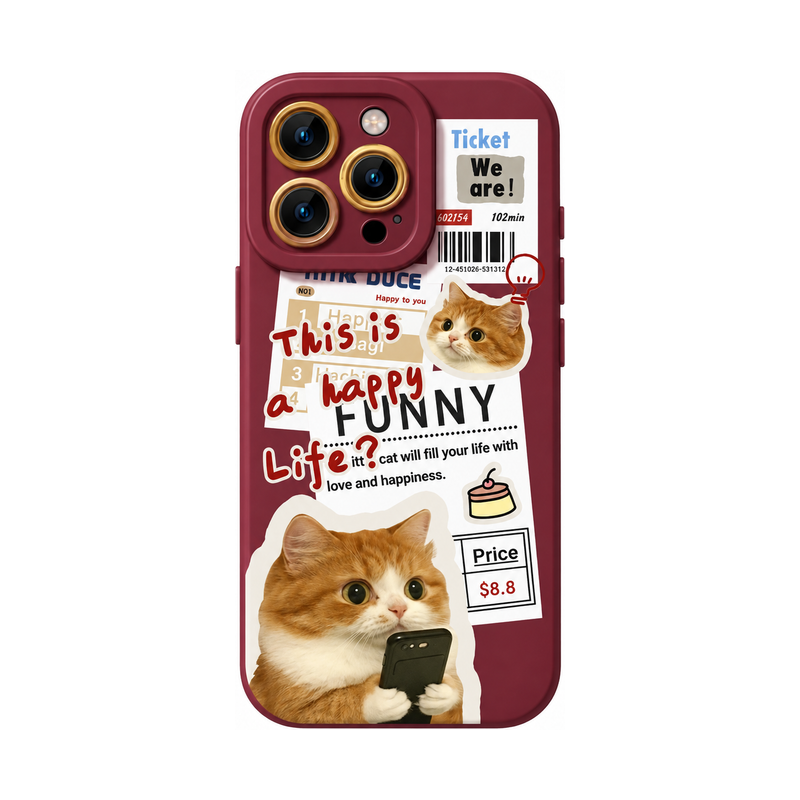 ワインレッド キャットAのニュースペーパーキャット柄 iPhoneケース、実物の柄と付属品の参考画像