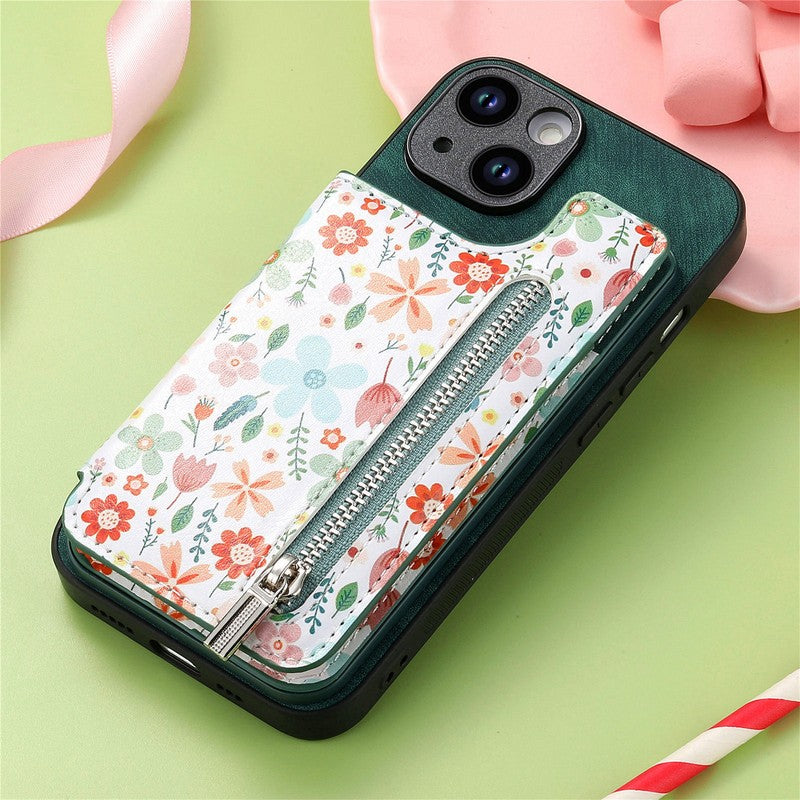 グリーン の 花柄カードポケット iPhoneケース
