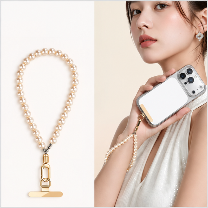 パール調ビーズとメタルシートを組み合わせたスマホリストストラップの商品イメージ