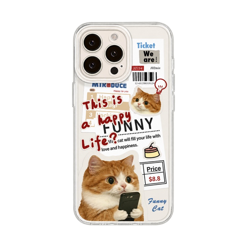 クリア カラープリントAのニュースペーパーキャット柄 iPhoneケース、実物の柄と付属品の参考画像