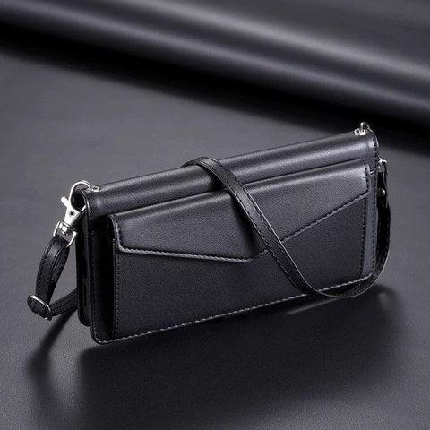 ブラックの 手帳型 iPhoneケース PUレザー ショルダーストラップ付 斜めがけ フルカバー 耐衝撃