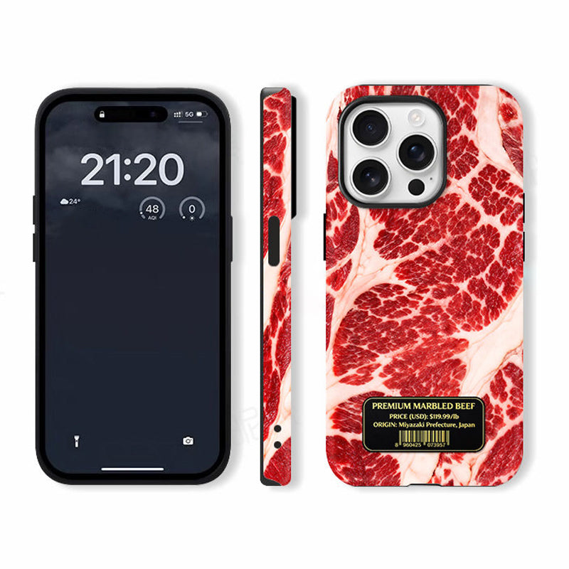 霜降りビーフ柄iPhoneケース ブラック縁の装着イメージ
