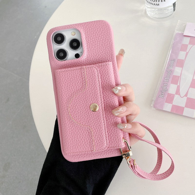ピンクの多機能iPhoneケース ミラー・カード収納・スタンド付き
