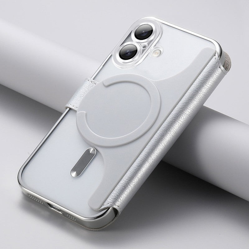 シルバーのMagSafe手帳型iPhoneケース クリア背面・カード収納・スタンド付き