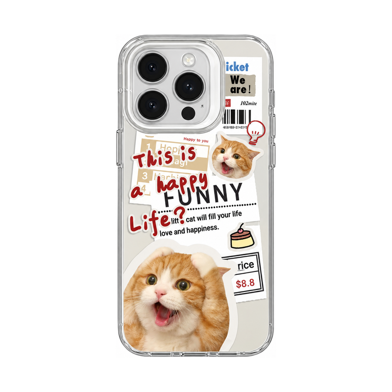 クリア カラープリントBのニュースペーパーキャット柄 iPhoneケース、実物の柄と付属品の参考画像