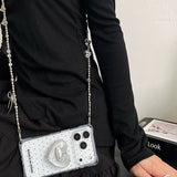 iPhone ケース シルバーロングチェーン斜めがけ + ハートスタンド 3点セット