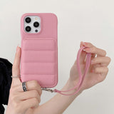 ピンクのキルティングiPhoneケース カード収納とスタンド付き