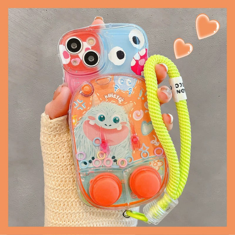 オレンジ モンスター iPhone ケース + グリーンストラップ 2点セット 流砂 ゲーム機型 シリコン