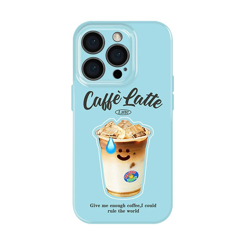ライトブルー スマイルカフェラテのアイスコーヒーグラフィック カラフル iPhoneケース