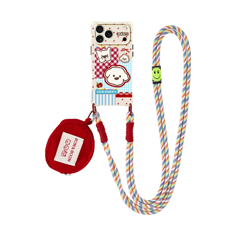 レッドチェック ドッグ柄+ロングストラップ+ミニポーチのアニマルパッチワーク iPhoneケース 白背景商品画像