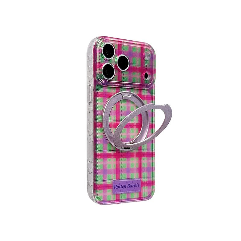 ホットピンクチェック 360度回転スタンド iPhoneケース
