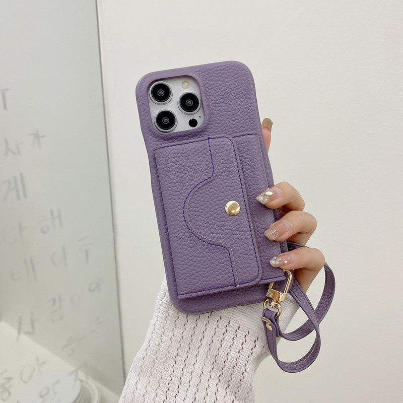 パープルの多機能iPhoneケース ミラー・カード収納・スタンド付き