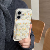 アイボリー の 小花柄 シルバーフレーム iPhoneケース