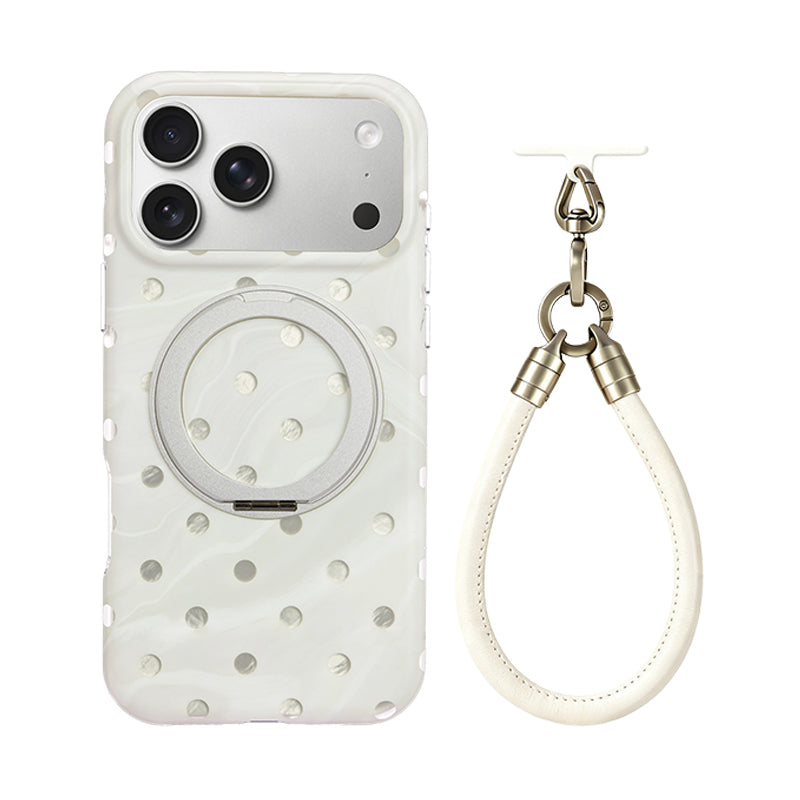 マーブルドット IMD iPhoneケース ホワイト 360°回転スタンド・リストストラップ付き