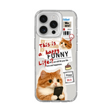 クリア シルバープリントAのニュースペーパーキャット柄 iPhoneケース、実物の柄と付属品の参考画像