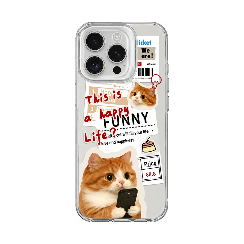 クリア シルバープリントAのニュースペーパーキャット柄 iPhoneケース、実物の柄と付属品の参考画像