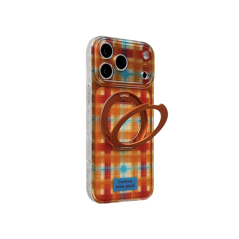 オレンジチェック 360度回転スタンド iPhoneケース