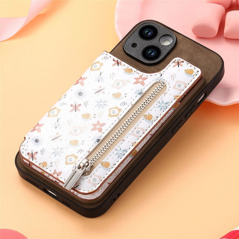 ブラウン の 花柄カードポケット iPhoneケース