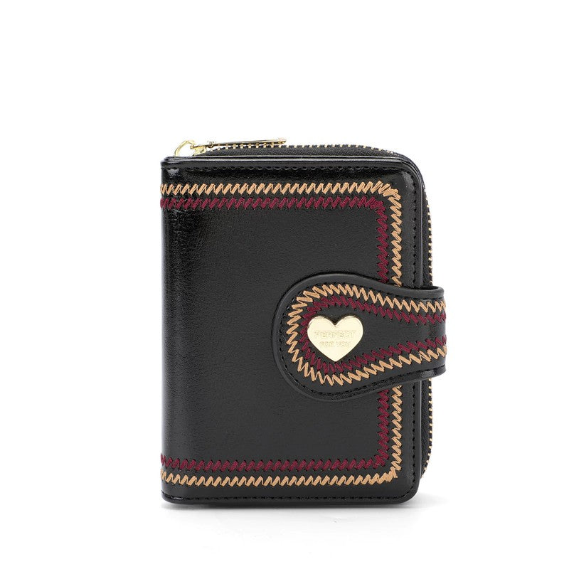 刺繍ステッチ ミニ財布 ブラック レディース カード収納