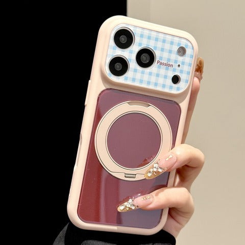 ピンク×レッド ブルーチェックフレーム iPhone ケース 360°回転スタンド バイカラー