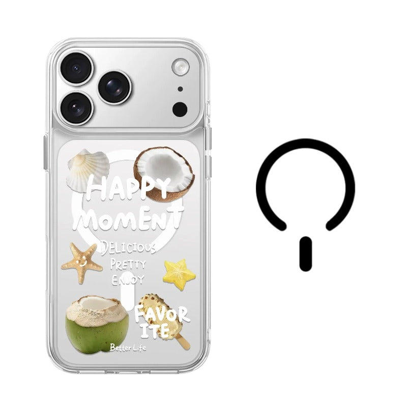 【MagSafe対応】iPhone ケース クリア × ココナッツシェル柄 磁石リング内蔵 海・シェル食べ物デザイン iPhone 17/16/15/14/13 全15機種対応