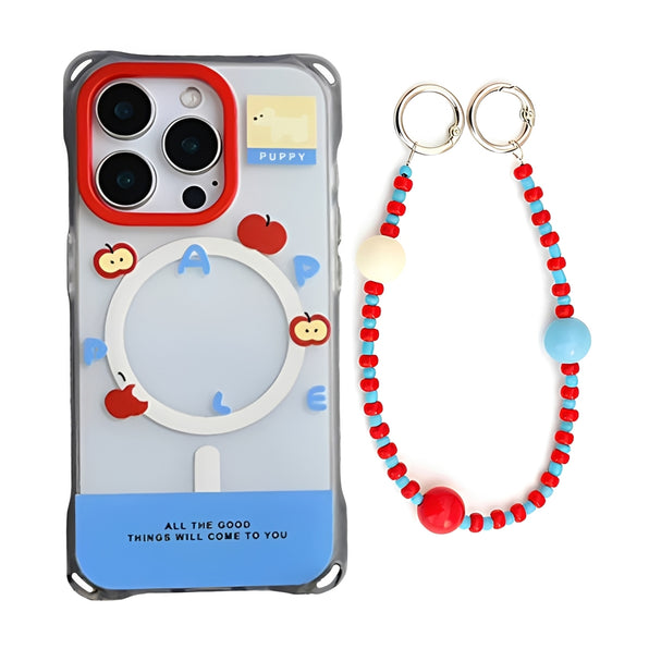 Dog & Apple Motif iPhone Case with Crossbody Shoulder Chain, MagSafe Compatible Clear Phone Case