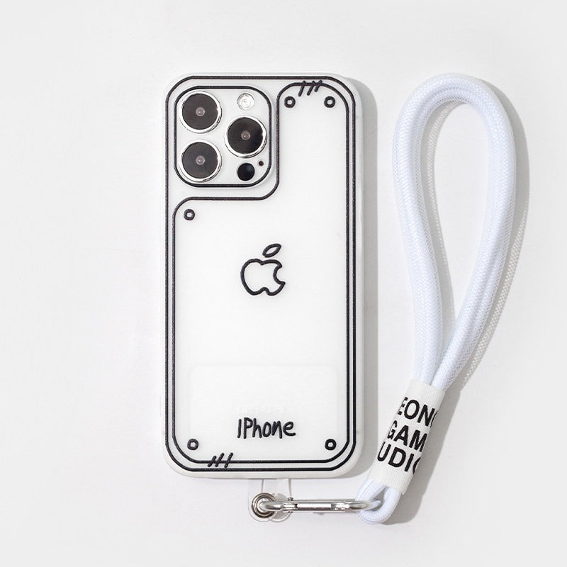 ホワイト 落書き風 iPhoneケース ホワイトストラップ付き