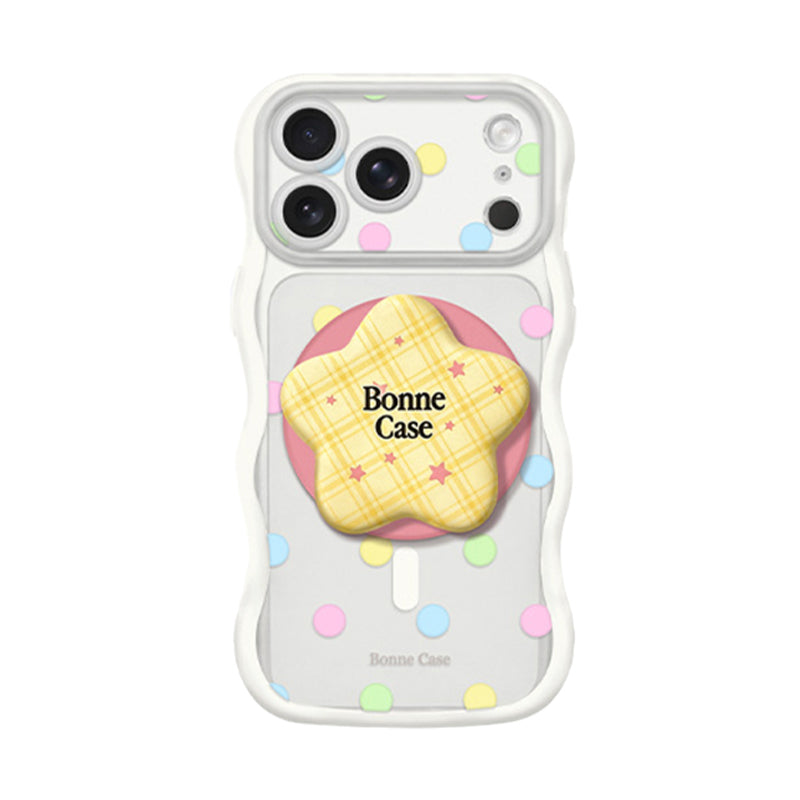 ホワイト カラードット+イエロー星型スタンド(2点セット)のドット柄 星型スタンド付き iPhoneケース