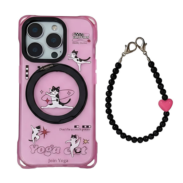 Smartphone case with 360-degree rotating stand, long and short straps, and a yoga cat motif