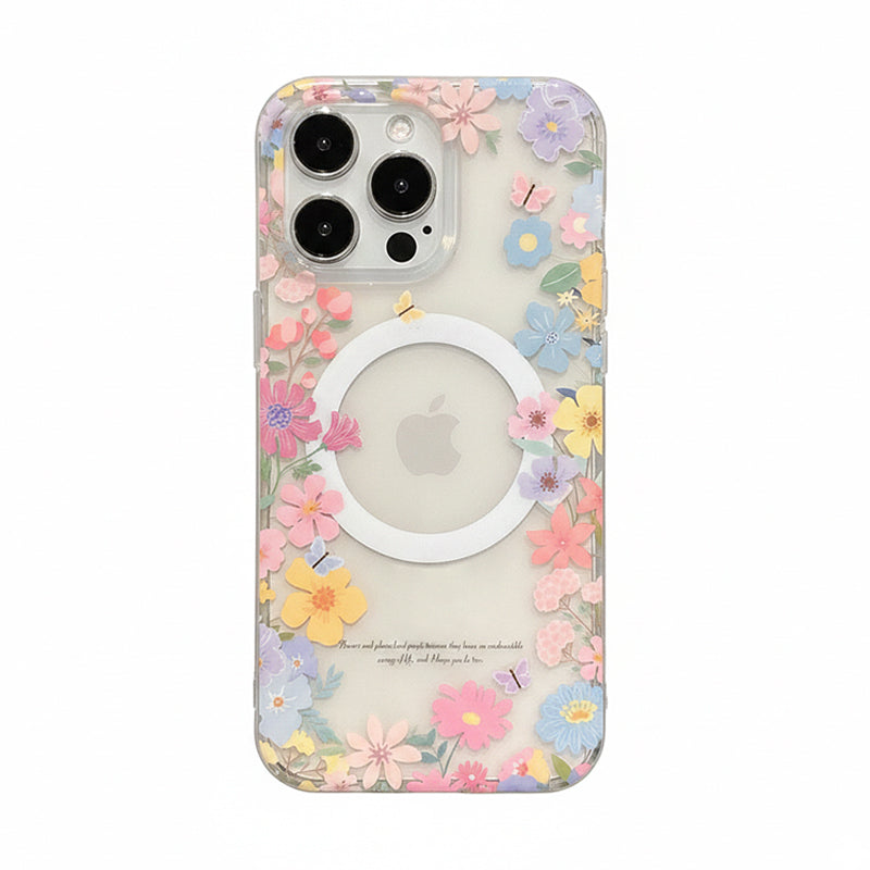 MagSafe対応 花柄 フラワー クリア iPhone ケース PC+TPU ハイブリッド構造 耐衝撃 おしゃれ かわいい 春らしい 装着展示 iPhone 13~17 全13機種対応