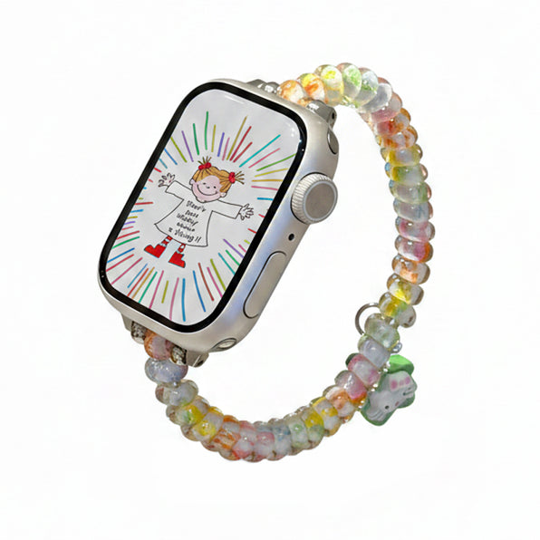 Colorful Spiral Hair Tie Style Stretchable Apple Watch Band + Cat Character Charm, 2 Colors Available