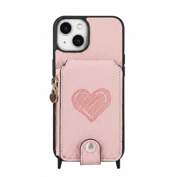 iPhone case with stand, crossbody strap, and card storage