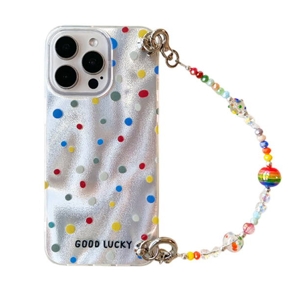 iPhone Case Clear Polka Dot Beaded Chain with Strap 17 Pro Max/16/15/14/13 Silver Colorful Dots Cute