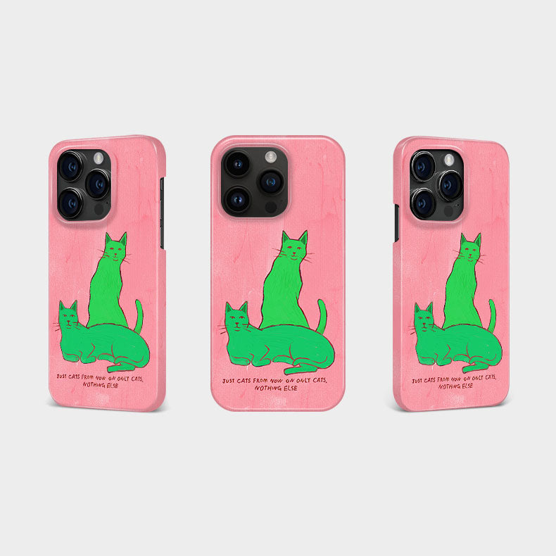 グリーン猫モチーフアート感あふれる二重構造フィルム加工スマホケース