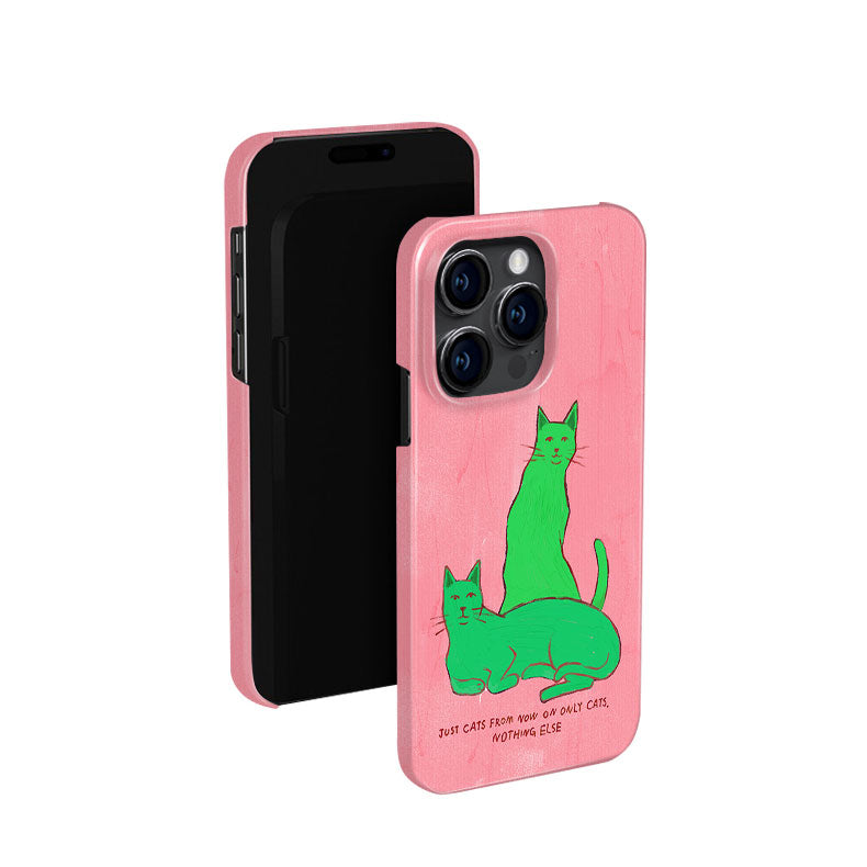 グリーン猫モチーフアート感あふれる二重構造フィルム加工スマホケース