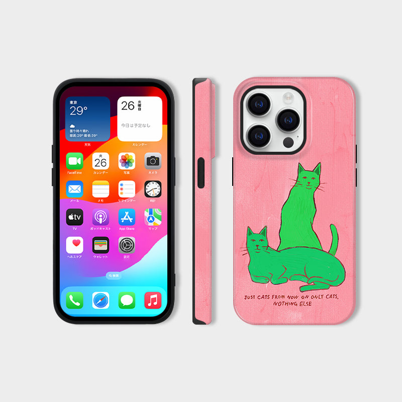グリーン猫モチーフアート感あふれる二重構造フィルム加工スマホケース