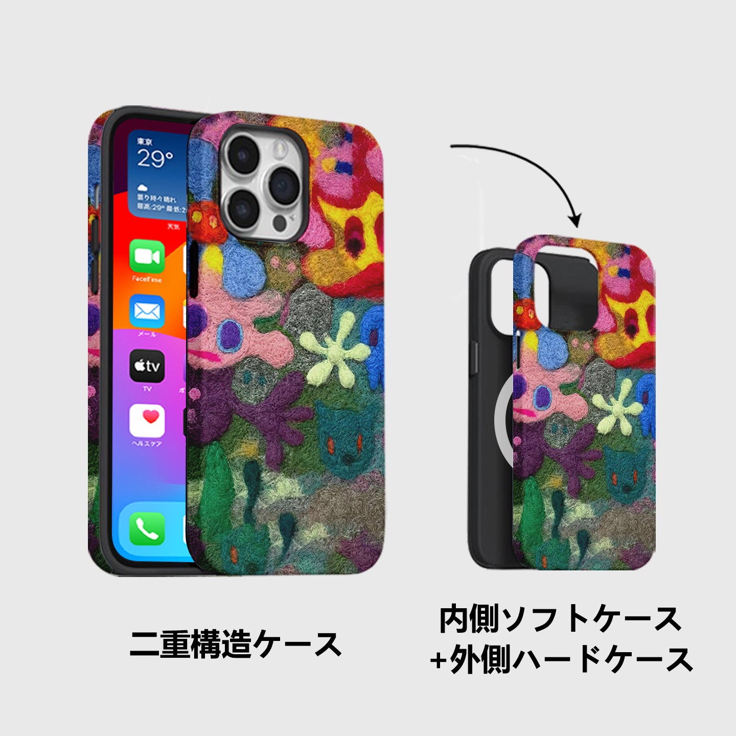 ファー調抽象柄二重構造フィルム加工マグネット式スマホケース(シリコン+PC)
