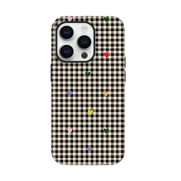 レトロ風チェックハート柄シンプル二重構造スマホケース