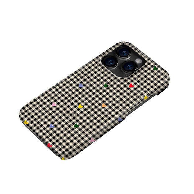 レトロ風チェックハート柄シンプル二重構造スマホケース