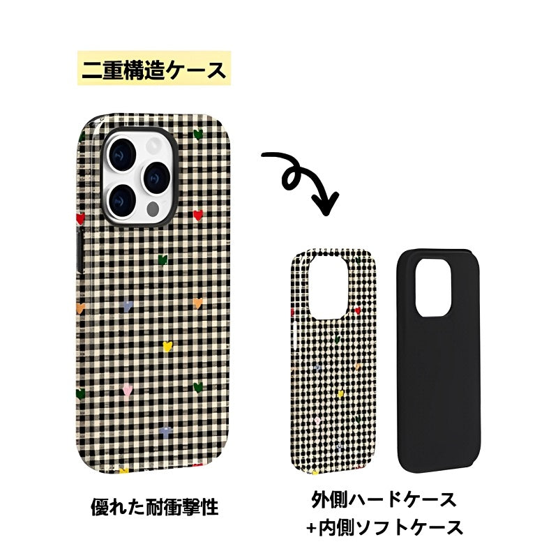 レトロ風チェックハート柄シンプル二重構造スマホケース