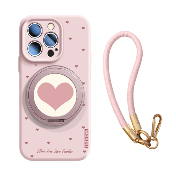 ハート360度回転スタンド付きMagSafe対応iPhoneケース ライトピンク(ストラップ付き)