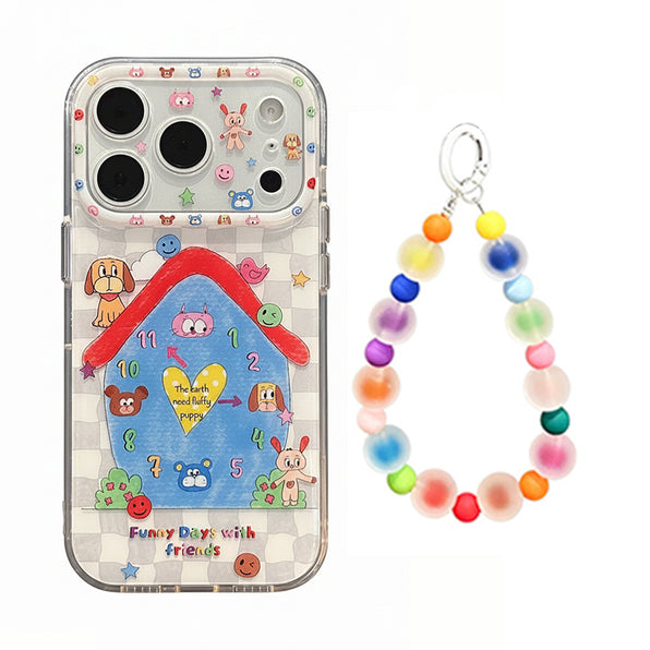 iPhone case, watch & house pattern, with strap