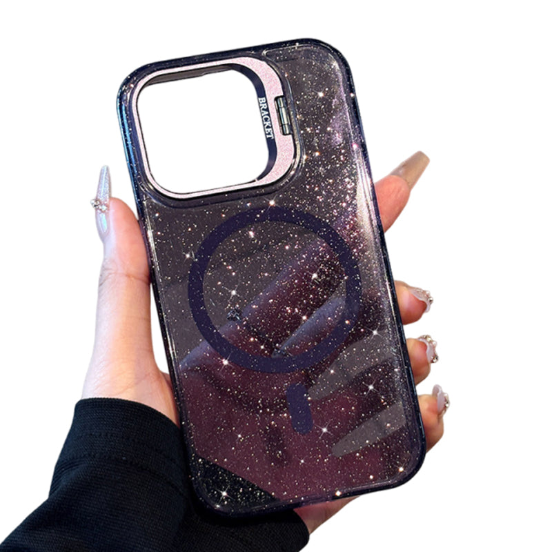 ダークパープルのグリッター メタルスタンド iPhoneケース