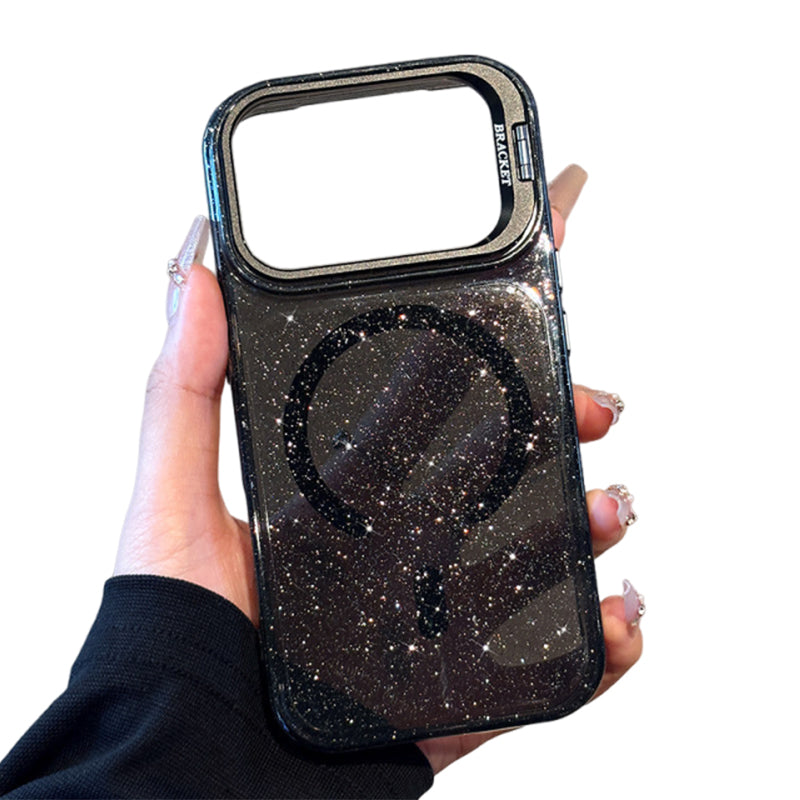 ブラックのグリッター メタルスタンド iPhoneケース