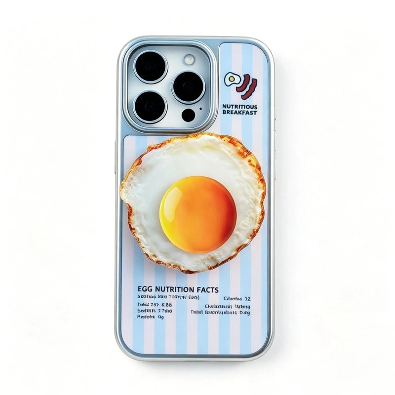 iPhone 18 Pro Max・18 Proを含む全17機種対応 【MagSafe対応】iPhone ケース 目玉焼きデザイン × ストライプ柄 EGG NUTRITION FACTS シルバーメッキフレーム おもしろ