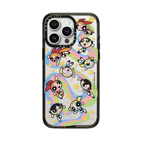 Cartoon Girl Character Sticker Pattern iPhone Case Soft Pastel Acrylic Transparent 4 Designs iPhone 13-17/Air All 16 Models