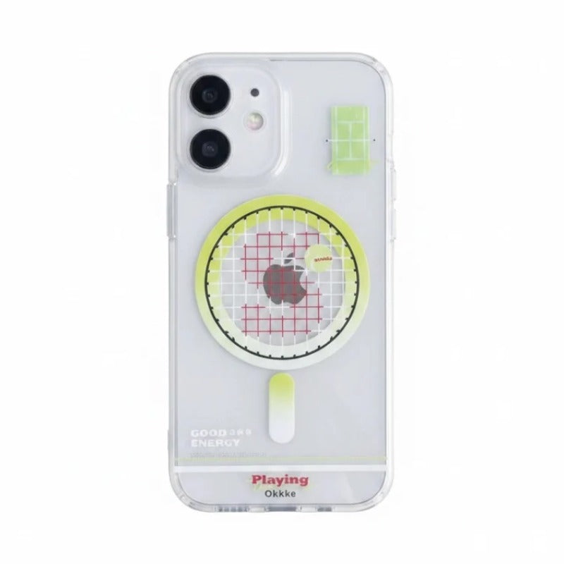 iPhone 18 Pro Max・18 Proを含む全21機種対応 iPhone ケース MagSafe対応 クリア × テニスラケット × テニスボール スポーツデザイン IMD加工 アクリル おしゃれ