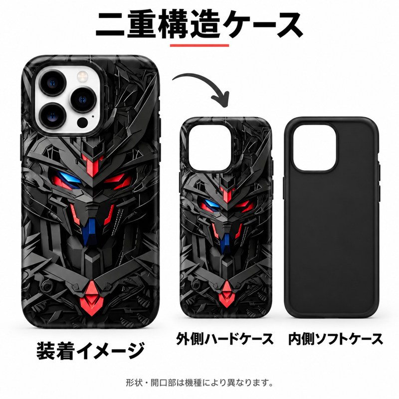 メカアート柄 iPhoneケースの二重構造 外側ハードケースと内側ソフトケースの組み合わせイメージ